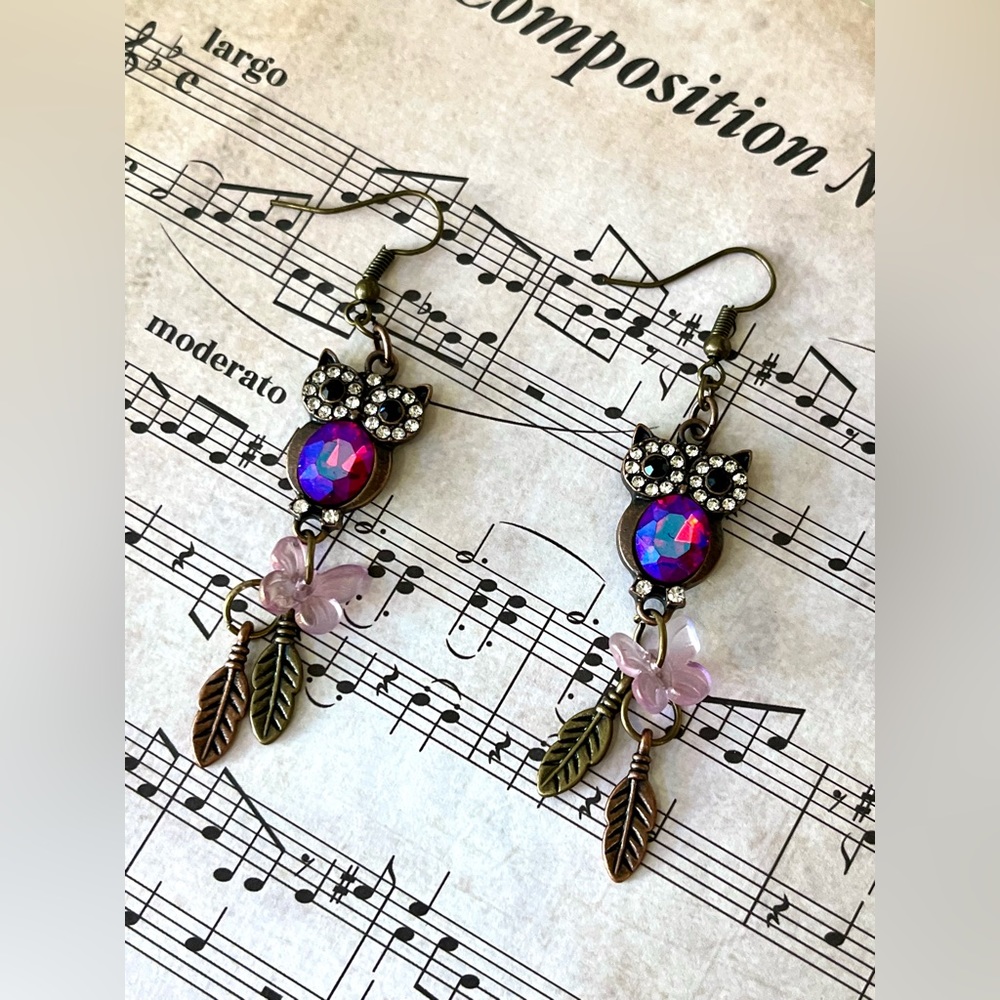 NEW Pink Bling Owl Earrings with Feathers and Butterflies